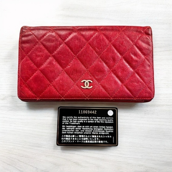 Authentic CHANEL Red Quilted Lambskin Leather Long Wallet With Authenticity Card - Picture 1 of 15